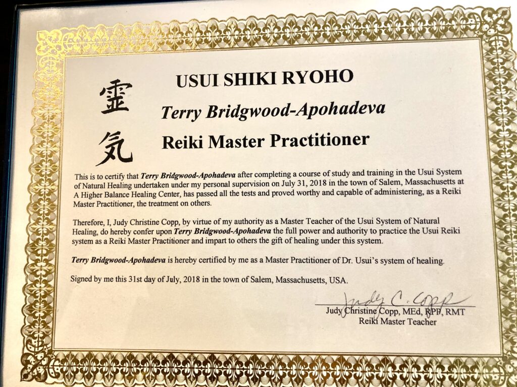 Terry Bridgwood Reiki Master Practitioner Certificate